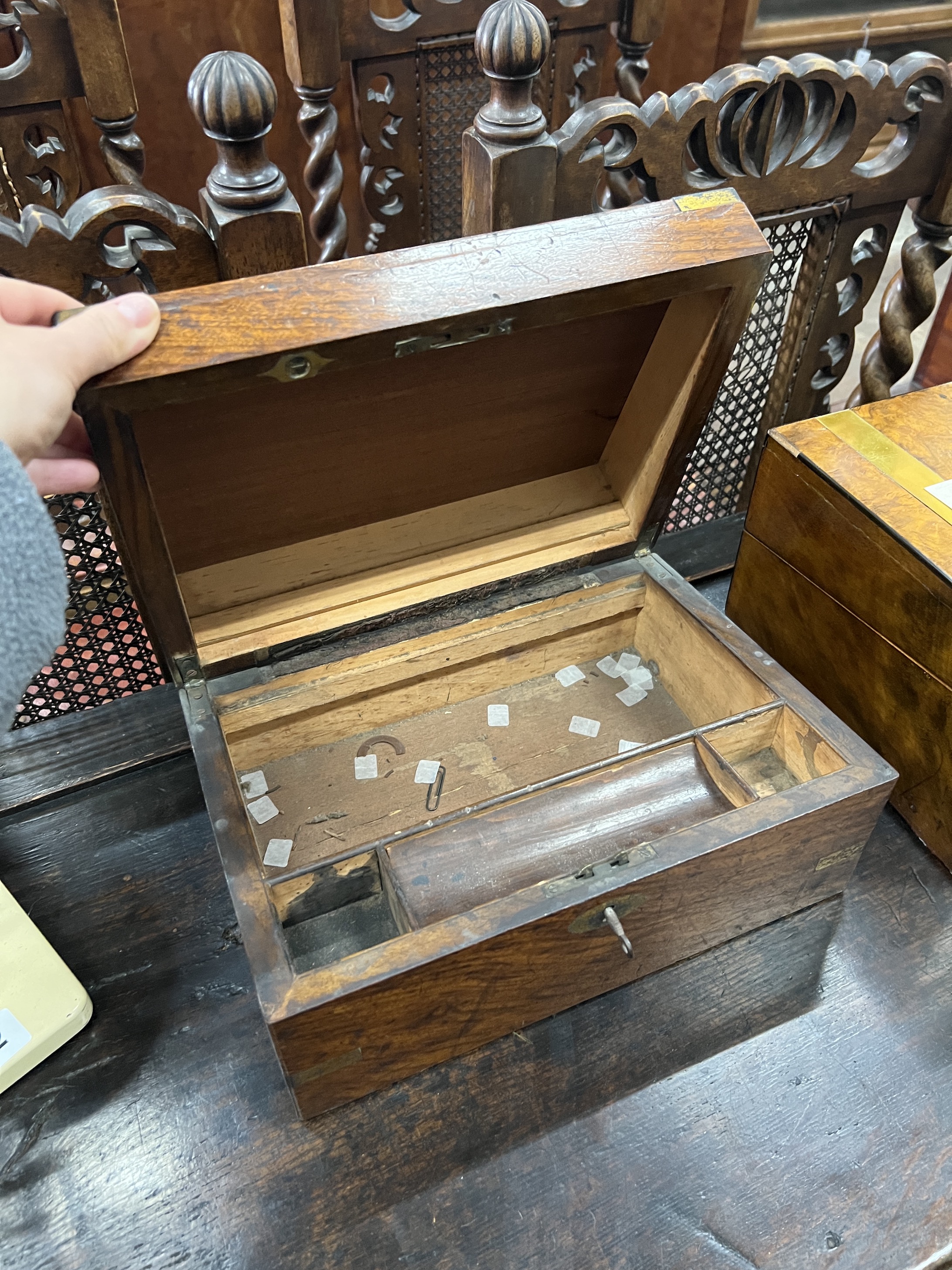 A Victorian brass mounted walnut writing slope, width 30cm and a smaller brass mounted box